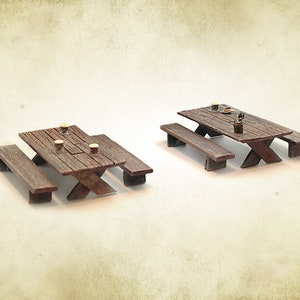 2x mesas de taberna con bancos! para TTRPG Table Top Role Playing Games Perfect Gift! Miniaturas de terreno 100% artesanales