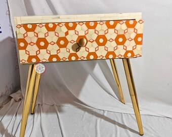Bone Inlay Bedside Table | Orange Bone Inlay Side Table | Enchanted Geometric Bone Inlay Nightstand | Artisanal Handmade Craftsmanship