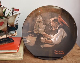 Framed Normal Rockwell The Shipbuilder Plate Knowles Fine China 1980 Old Man Red Parrot Sailing Clipper Ship Galleon Wood Frame Vintage
