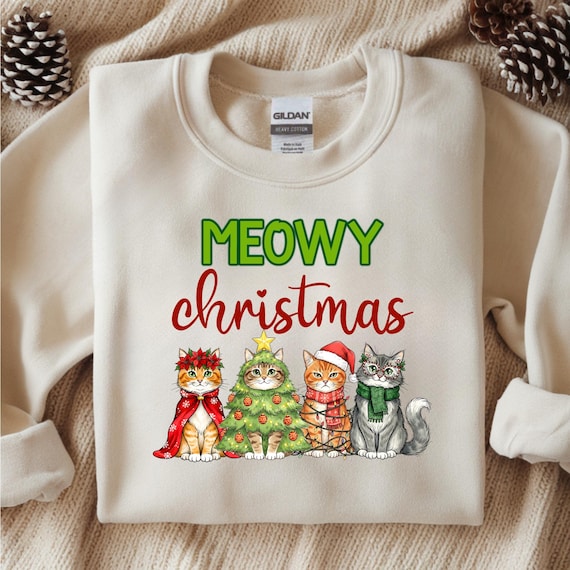 Meowy Christmas Cat Shirt | Cute Xmas Kitties Tee | Holiday Cat Lover Gift | Funny Christmas Outfit | Festive Feline Apparel
