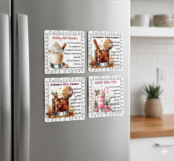 Holiday Drink Recipe Magnets | Holiday Hot Cocoa Magnets | Vintage Christmas Kitchen Magnets | Festive Fridge Magnets | Holiday Home Decor