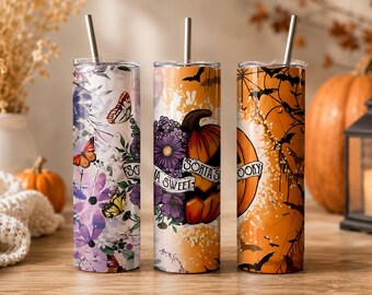 May include: Three tall cylindrical tumblers with metal straws. The left features purple flowers and butterflies. The center shows a pumpkin and purple flowers with a banner reading Sorta Sweet. The right displays orange pumpkins, bats, and a banner reading Sorta Spooky.