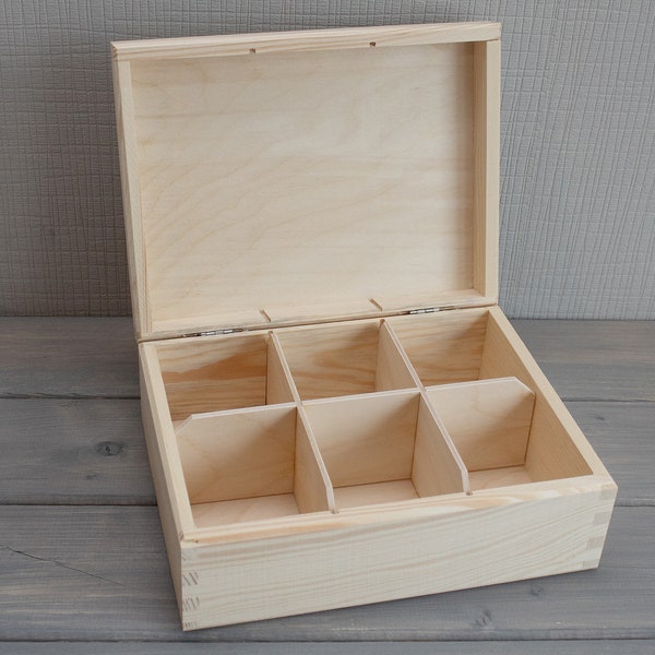 Unfinished Wooden Tea Box, 6 compartments tea box, Unpainted Wood Tea Box, Wooden Storage Box, Decoupage