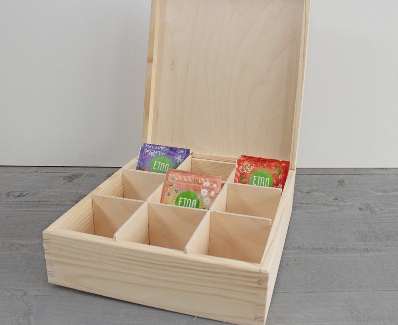 Wooden Tea Box 9 Compartments Unfinished Wood Tea Box Etsy