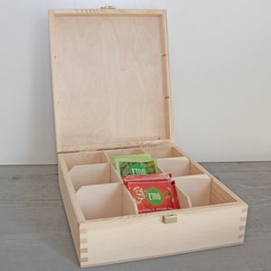 Unfinished Wooden Tea Box, 9 compartments, With a Latch, Unpainted Wooden Tea Box, Wood Storage Box, Decoupage