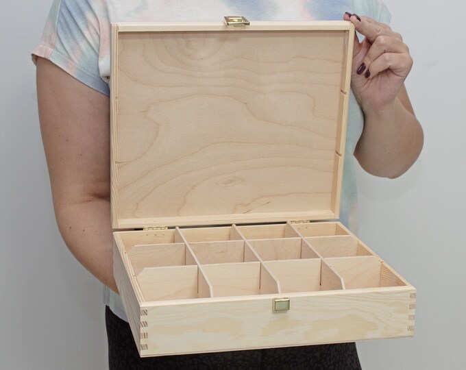 12 Compartments Tea Box With a Latch, Unfinished Wooden Tea Box