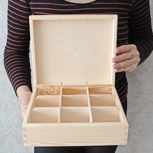 Unfertige Teebox aus Holz, Unlackierte Teebox aus Holz, 9 Fächer, Aufbewahrungsbox aus Holz, Decoupage