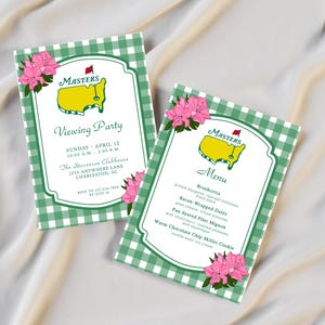 May include: Two green and white checkered event cards with pink floral accents. One card reads "Masters Viewing Party" with event details. The other card displays a menu with various food items.