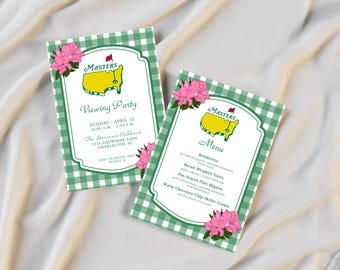 Plantilla de invitación inspirada en el Masters / Invitación para fiesta / Plantilla de menú editable / Fiesta de golf / Canva para comida y bebida