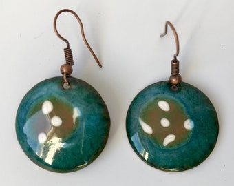 Green copper and enamel earrings with coloured pattern