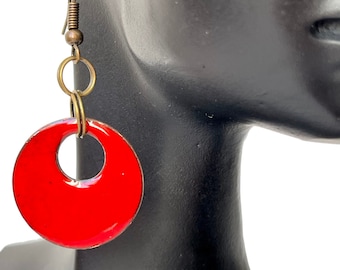 Scarlet red dangle copper and enamel earrings