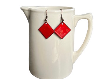 Square red copper and enamel earrings