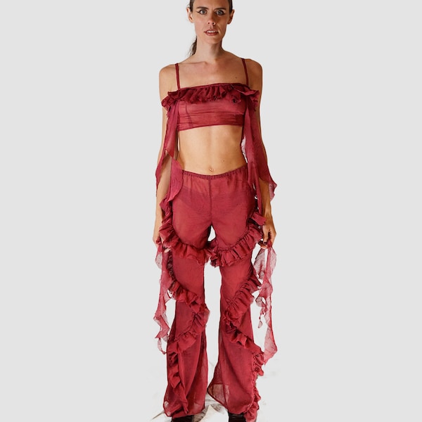 sheer seethrough red crushed chiffon ‘JELLY‘ top with ruffle flowy details and ‘FELICITY‘ flare ruffled swirl pants