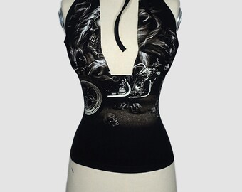 handmade upcycled adjustable biker glow in the dark print halter top with ribbon back