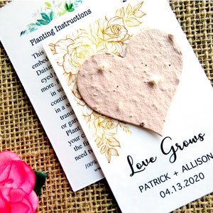 Rose Gold Accent Love Grows Wedding Favors - Personalized Seed Paper Heart Cards - Eco Friendly Recycled Beige Hearts