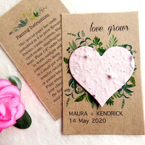 plantable flower seed wedding favor card with blush pink seed paper heart, by recycled ideas favors, with green leafy design