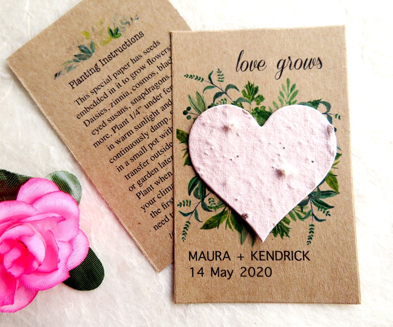 plantable flower seed wedding favor card with blush pink seed paper heart, by recycled ideas favors, with green leafy design