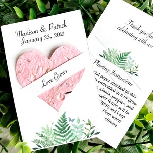 Personalized Flower Seed Paper Wedding Favors Hearts - Love Grows Cards - Ferns Greenery - Sky Blue Pink Lilac more - Recycled Eco-Friendly