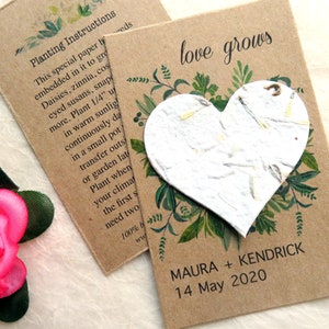 plantable flower seed wedding favor card with white seed paper heart, by recycled ideas favors, with green leafy design
