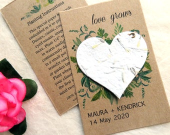 Love Grows Flower Seed Paper Wedding Favors - Personalized Cards with Plantable Hearts