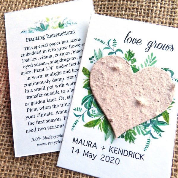 Wedding Favors Seed Paper Heart Love Grows Cards - Recycled Eco Friendly - Personalized