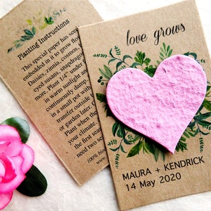 plantable flower seed wedding favor card with pink seed paper heart, by recycled ideas favors, with green leafy design