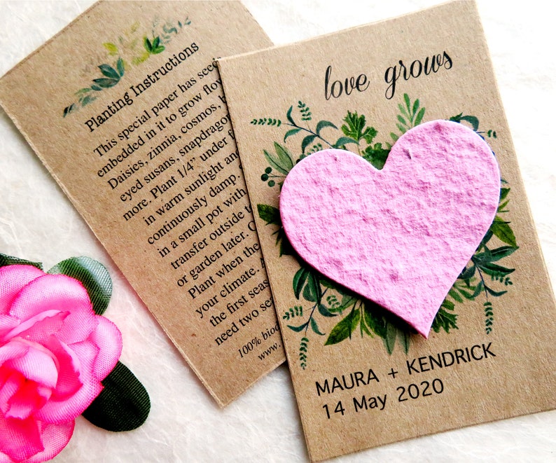 plantable flower seed wedding favor card with pink seed paper heart, by recycled ideas favors, with green leafy design