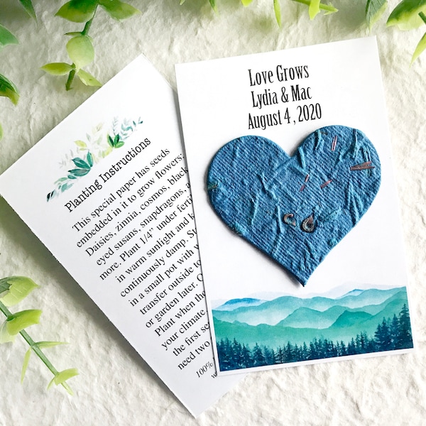 Bergsee-Hochzeits-Gastgeschenke mit Blumensamen-Papier-blühendem Herz-personalisierte Karten