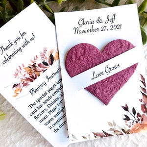 Recuerdos de boda de otoño personalizados con semillas de flores en forma de corazón - Tarjetas Love Grows - Colores de otoño - Borgoña y naranja - Reciclado y ecológico