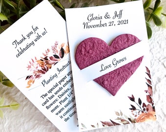 Personalized Flower Seed Fall Wedding Favors Hearts - Love Grows Cards - Fall Colors - Burgundy Orange - Recycled Eco-Friendly