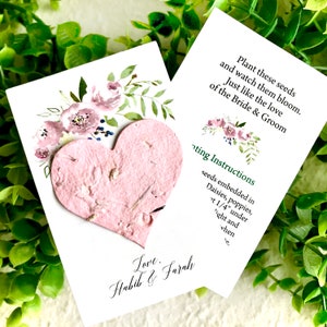 Tarjetas de regalo de boda personalizadas en papel con semillas: diseño floral. El color del corazón se puede plantar según su elección.
