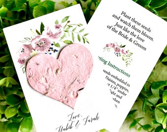 Personalized Seed Paper Wedding Favor Cards - Floral - Your choice plantable heart color