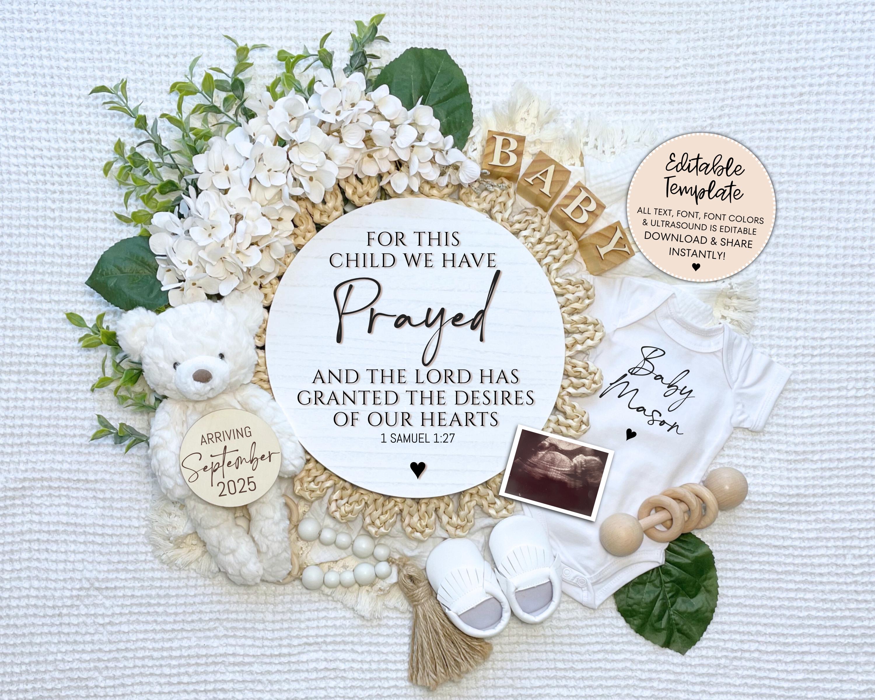Religious Pregnancy Announcement Template, Digital Baby Announcement, Editable Pregnancy Template Instant Download, For This Child We Prayed