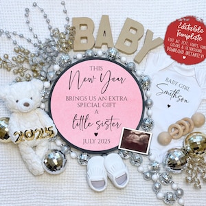 New Year Girl Pregnancy Announcement Digital, Little Sister New Years Eve Baby Announcement, Editable January Social Media Reveal Its a Girl