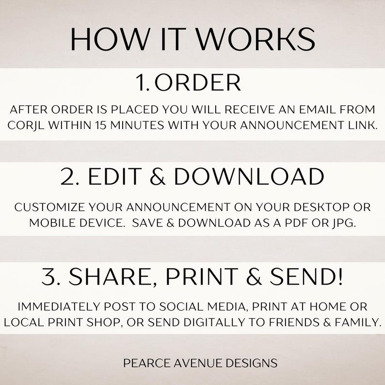 May include: How it works: 1. Order, 2. Edit & Download, 3. Share, Print & Send! After placing an order, you will receive an email with a link to customize your announcement. Save and download as a PDF or JPG. Share, print, or send digitally to friends and family. Pearce Avenue Designs.