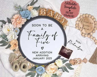 Third Pregnancy Announcement, Digital Baby Announcement, Gender Neutral, Editable Pregnancy Template, Social Media Reveal, Baby Number 3