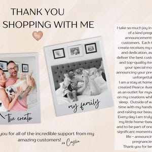 K&ouml;nnte beinhalten: Vielen Dank, dass du bei mir eingekauft hast! Eine Nachricht von einer Kleinunternehmerin &uuml;ber ihre Designs f&uuml;r Schwangerschaftsank&uuml;ndigungen. Die Nachricht enth&auml;lt ein Foto der Designerin mit ihrer Familie und ihrem Hund. Der Text lautet: "Vielen Dank f&uuml;r all die unglaubliche Unterst&uuml;tzung von meinen gro&szlig;artigen Kunden! xo Caylin"