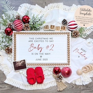 Anuncio de embarazo navideño editable / Anuncio digital de segundo bebé / Revelación de embarazo personalizable en redes sociales / Descarga instantánea