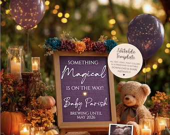 May include: A pregnancy announcement sign with the text "Something Magical Is On The Way! Baby Parish Brewing Until May 2026." The sign is surrounded by pumpkins, candles, and a teddy bear. Two purple balloons are in the background.