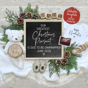 Annuncio di gravidanza di Natale Modello modificabile per l'annuncio digitale del bambino festivo Download istantaneo Rivela il genere della ragazza regalo di Natale