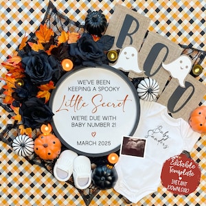 Halloween Digital Pregnancy Announcement, October 2nd Baby Announcement, Gender Neutral Baby, Editable Social Media Baby Reveal Template