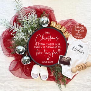 Weihnachtsschwangerschaftsankündigung, digitale Dezember-Baby-Enthüllung, bearbeitbare soziale Medien Facebook Instagram-Enthüllung, Weihnachtsenthüllungs-Vorlage
