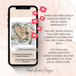 May include: A digital phone screen displaying a social media post announcing a pregnancy. The post features a photo of a wooden sign with the words "This year we are extra thankful" and a small baby outfit. The post also includes the text "OMG!! Congratulations! You both are going to make the BEST parents!! How exciting! We are so happy for you!!!"