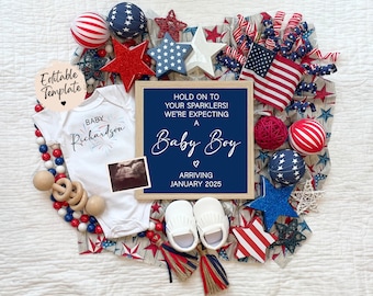 4th of July Baby Boy Pregnancy Announcement, Digital Summer Announcement, Editable Pregnancy Template, It's A Boy Gender Reveal Ideas
