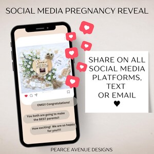 May include: A smartphone screen displaying a social media post announcing a pregnancy reveal. The post features a photo of a wooden heart with the words "Summer is in the air and we have news to share" and a sonogram image. The post also includes a baby onesie with the text "Baby Jackson". The post is accompanied by several heart emojis and the text "OMG!! Congratulations! You both are going to make the BEST parents!! How exciting! We are so happy for you!!!!"