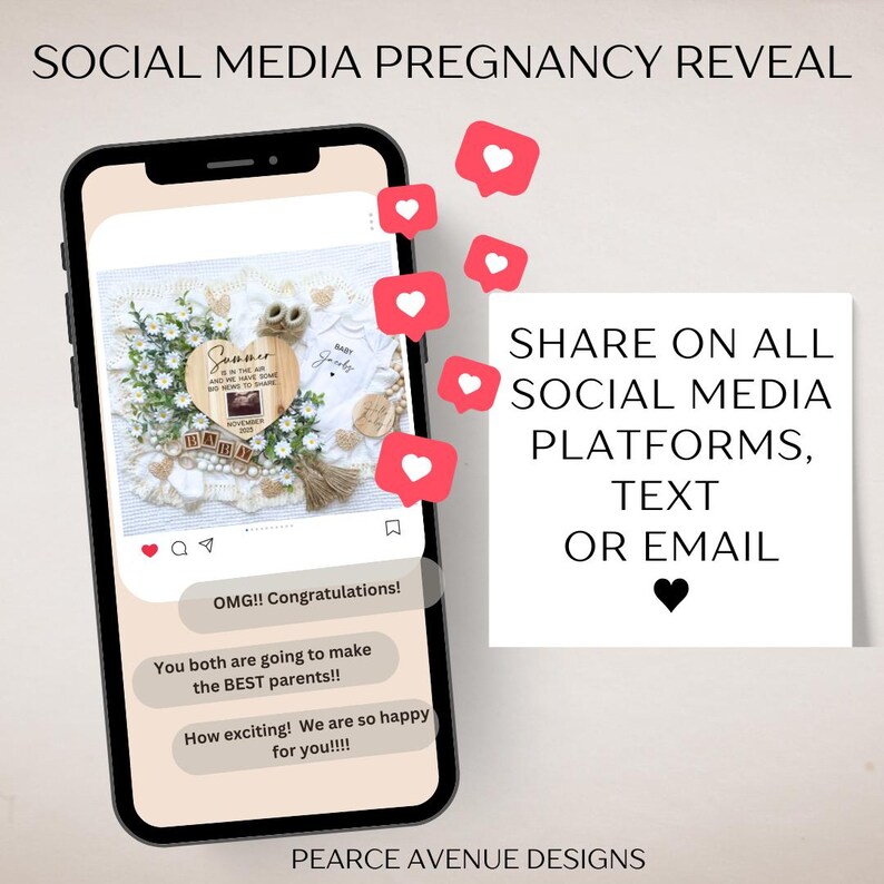 May include: A smartphone screen displaying a social media post announcing a pregnancy reveal. The post features a photo of a wooden heart with the words "Summer is in the air and we have news to share" and a sonogram image. The post also includes a baby onesie with the text "Baby Jackson". The post is accompanied by several heart emojis and the text "OMG!! Congratulations! You both are going to make the BEST parents!! How exciting! We are so happy for you!!!!"