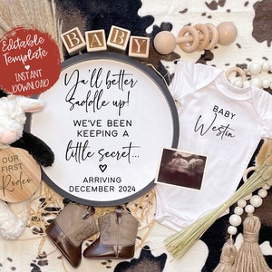 Western Pregnancy Announcement Digital, Cowboy Ranch Baby Announcement Template, Editable Pregnancy Template For Social Media Baby Reveal