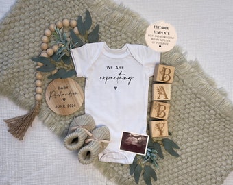 May include: A white onesie with the text "We are expecting" in black script font. A wooden round sign with the text "Baby Richardson June 2024" and a heart. Wooden blocks spelling "BABY" with greenery accents. A pair of beige baby booties and a black and white ultrasound image.