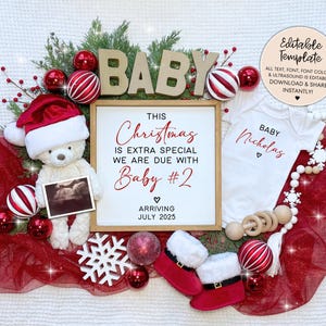 Faire-part de grossesse MODIFIABLE Noël, faire-part deuxième bébé numérique, révélateur de médias sociaux, bébé neutre, modèle de grossesse numérique