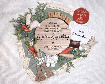 May include: A wooden sign with the text "Spring is in the air and we have exciting news to share... We're Expecting... Due to arrive June 2024" surrounded by greenery, carrots, and a baby onesie with the text "Baby Richardson".